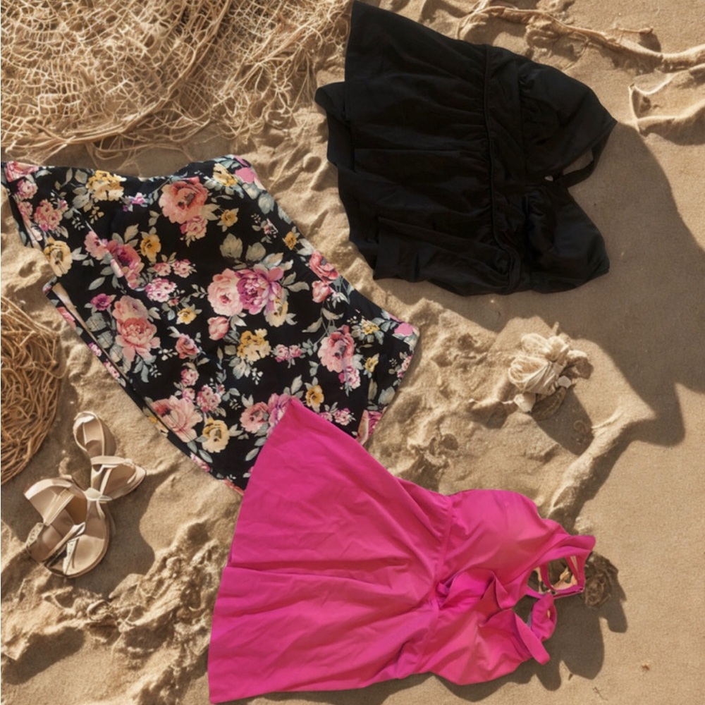 Floral Black skort bottom w NWT Black Bikini Top,EUC Pink Swim ruffled top xxl